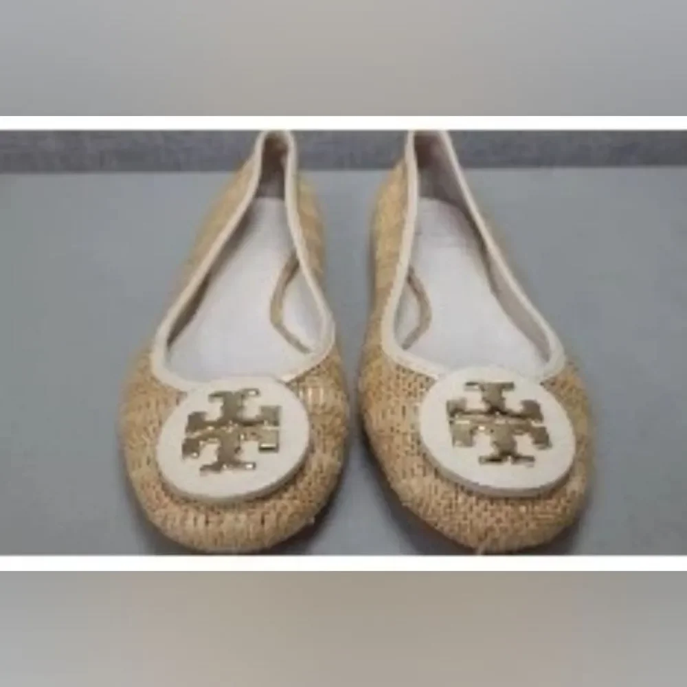 Tory Burch Designer Reva Raffia Straw Beige Tan Ballet Flats 9